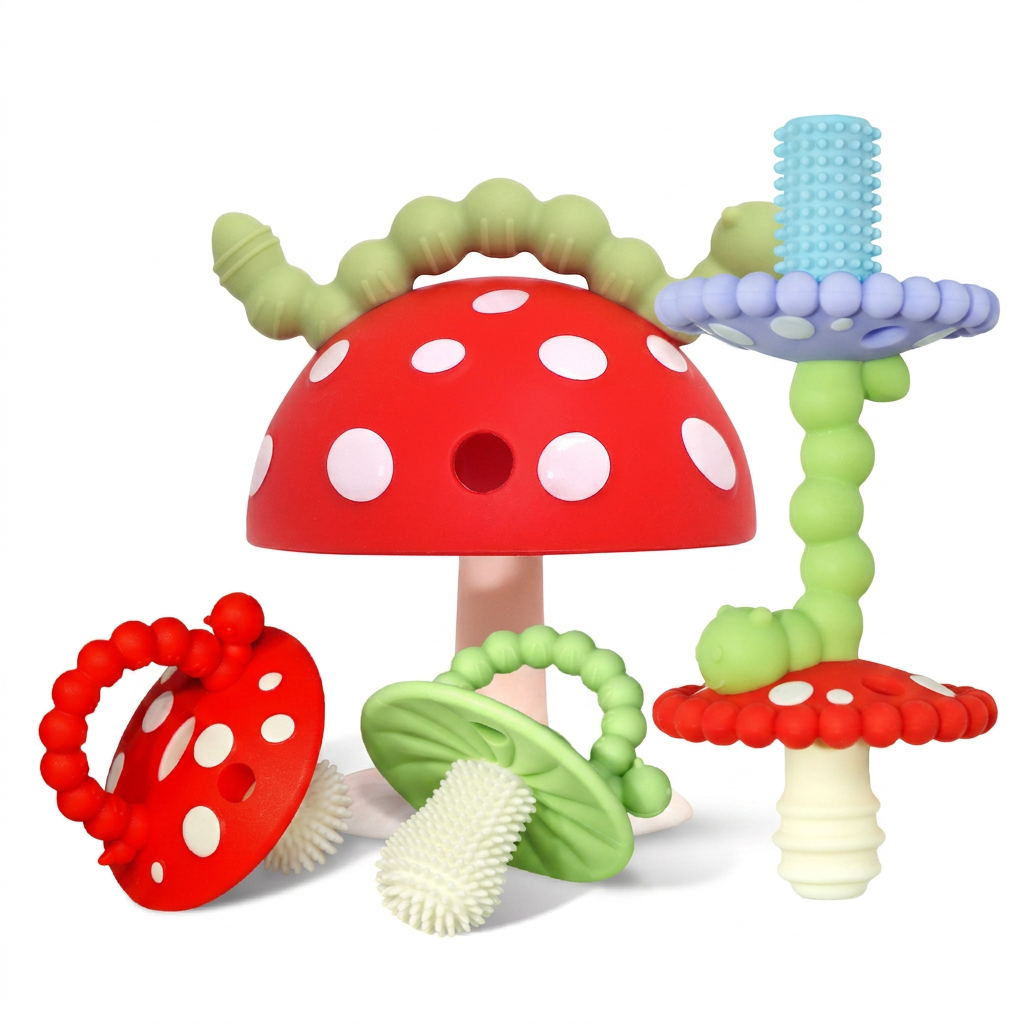 A colorful baby teething toy set shaped like mushrooms and a caterpillar, made from soft silicone in red, green, white, and light blue on a plain white background.