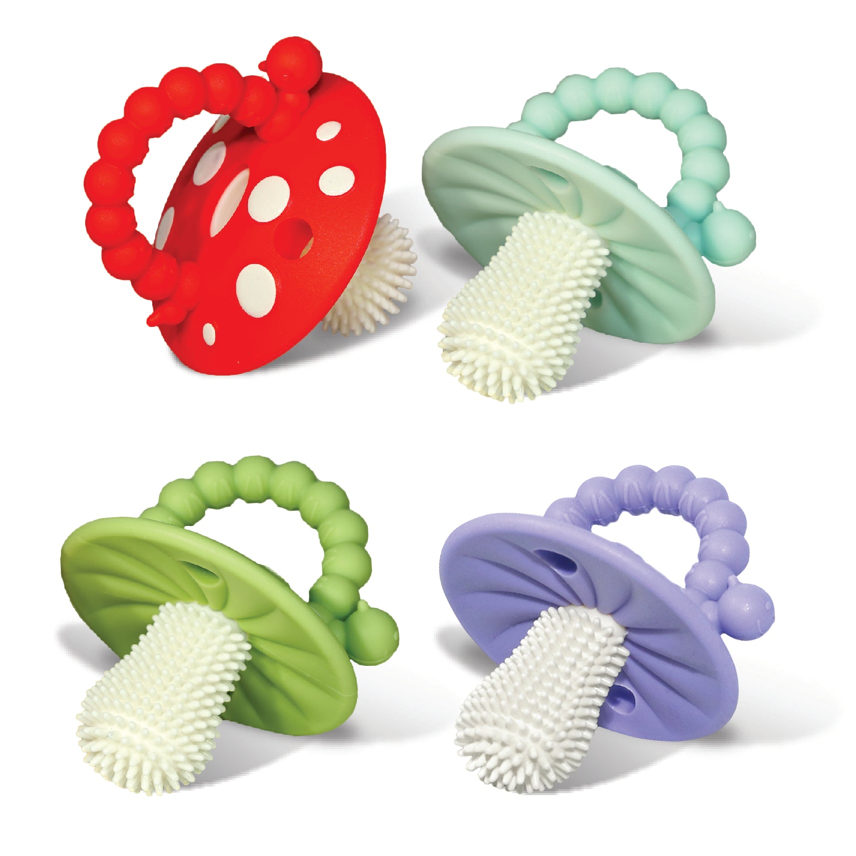 Four mushroom-shaped silicone baby teething toys arranged in a 2x2 grid on a white background. The set includes red, mint green, lime green, and lavender-blue teething toys, each with a textured disc, a soft silicone handle, and a white silicone brush.