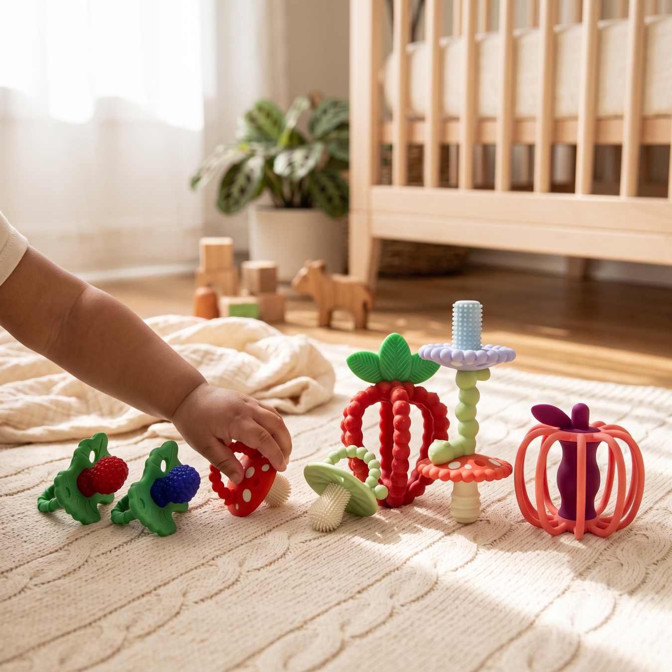 A baby's hand reaches for colorful wooden teething toys on a cream cable-knit rug in a sunlit nursery. The toys include strawberry, grape, mushroom, and flower shapes in red, green, blue, purple, and cream.